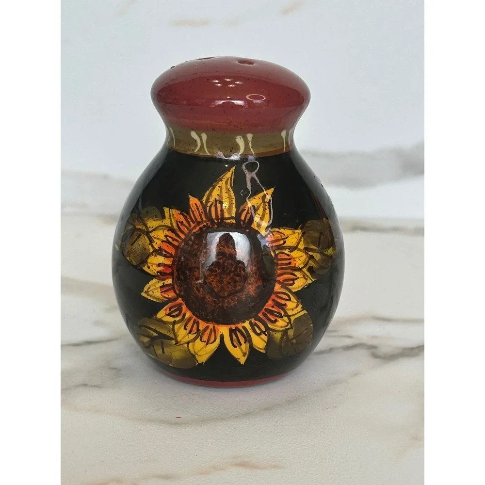 Hand Painted Ceramic Sunflower Salt Pepper Shaker Black Red Floral Farmhouse
